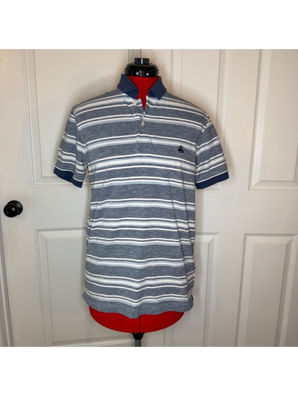 Brooks Brothers Cotton Linen Blue Striped Short Sleeve Polo Shirt Men’s M Slim